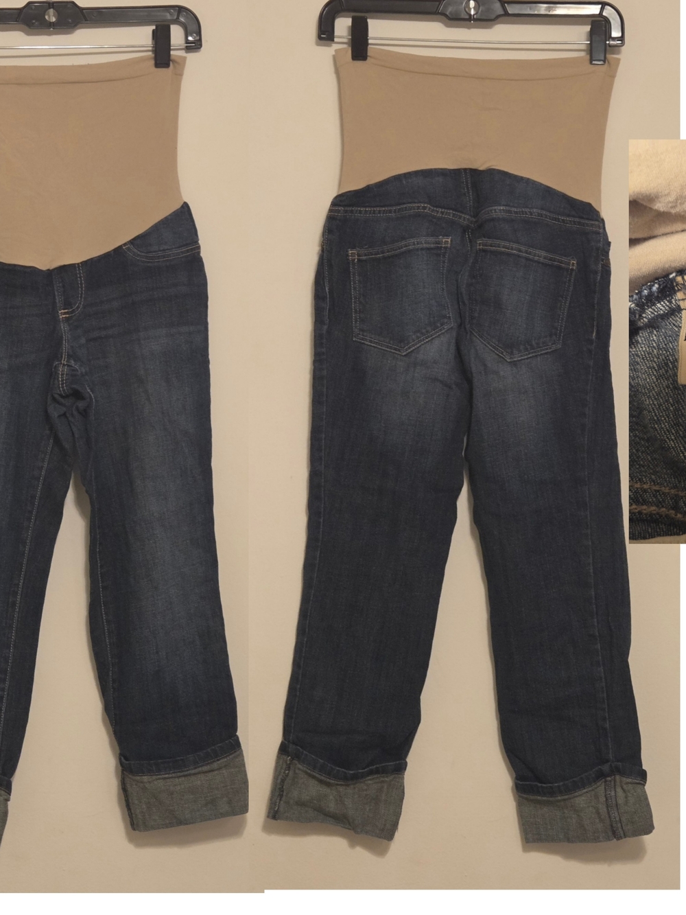 Indigo Blue Dark Blue Denim Boyfriend Maternity Jeans with Beige Panel